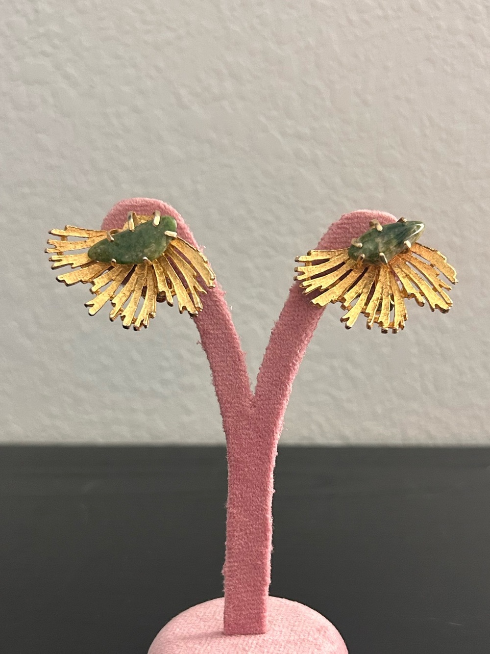 Textured Gold-tone Fan-Shaped Sunburst Clip-On Earrings w/ Prong Set Green Stone